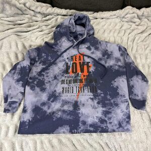 Peace Love World Hoodie Womens 2X Blue Tie Dye Pullover Graphic Long Sleeve Top